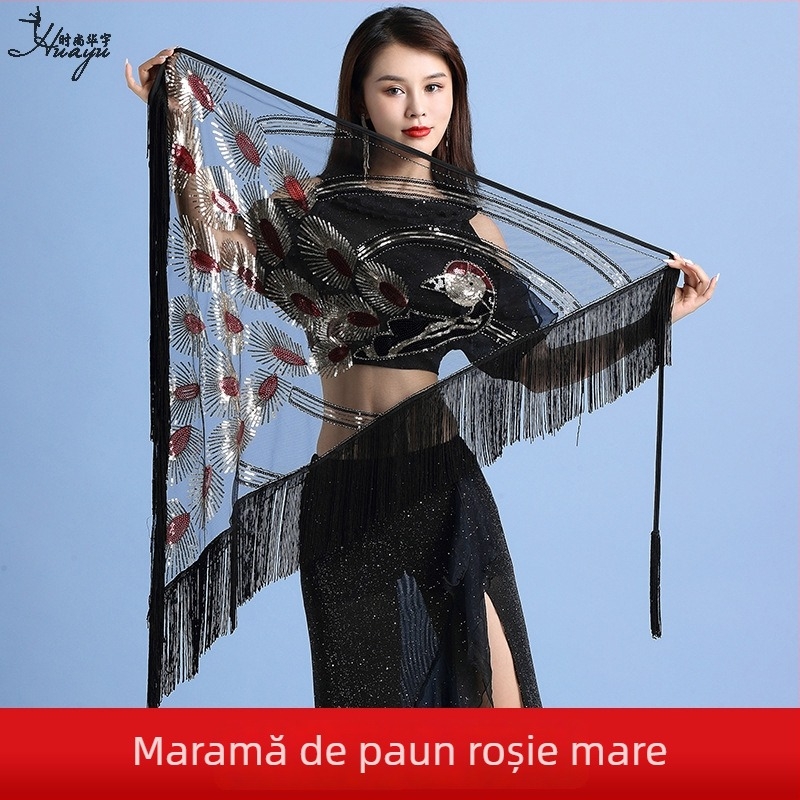 Costum de Belly Dance cu șal triunghiular și franjuri pentru scenă, material nylon, conținut nylon 50-70%, feminin, primăvara 2023