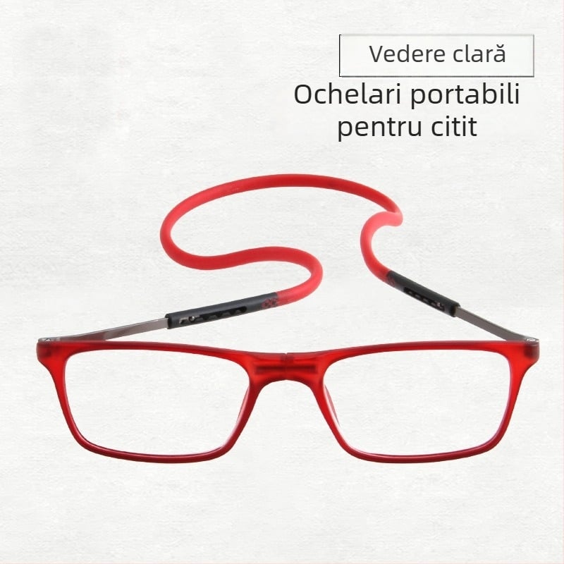 Ochelari de lectură cu design pentru purtare la gât, brațe magnetice pliabile – ramă metalică, lentile din rășină, brațe telescopice (Model 8203)