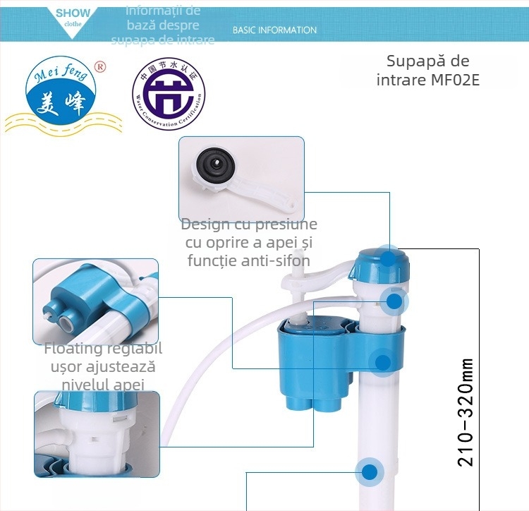 Meifeng Supapă de Intrare pentru Rezervorul de Toaletă – Telescopică, Presiune Înaltă, Material POM, Turnare prin Injecție, Funcționare Silențioasă