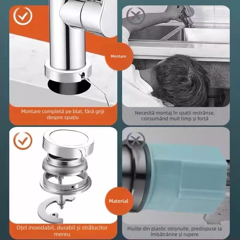 Suport pentru robinet de bucătărie din oțel inoxidabil, montaj rapid, piuliță de fixare anti-slăbire, utilizare directă, stil modern minimalist