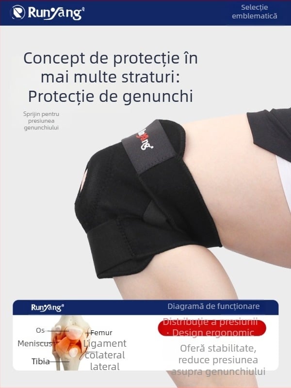 Runyang protecție pentru genunchi cu trei curele, respirabilă, din mercerizată țesătură și SBR nylon, pentru baschet, alergare, badminton și alpinism
