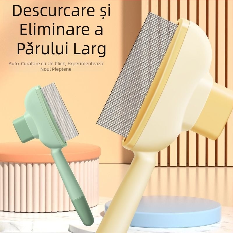 Pieptene pentru pisici și câini pentru descurcare și îndepărtarea părului liber, perie auto-curățare pentru blană lungă, masaj și îndepărtarea nodurilor, material: ABS + ace metalice din oțel