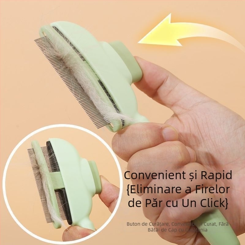 Pieptene pentru pisici și câini pentru descurcare și îndepărtarea părului liber, perie auto-curățare pentru blană lungă, masaj și îndepărtarea nodurilor, material: ABS + ace metalice din oțel