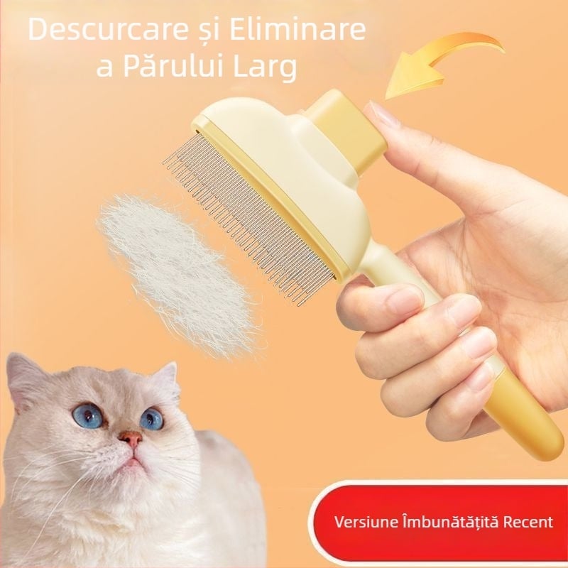 Pieptene pentru pisici și câini pentru descurcare și îndepărtarea părului liber, perie auto-curățare pentru blană lungă, masaj și îndepărtarea nodurilor, material: ABS + ace metalice din oțel