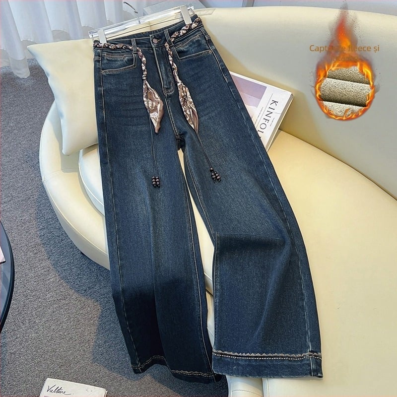 Blugi de tip wide-leg cu talie înaltă, curea din esarfa de mătase, lungime până la podea, iarna 2025