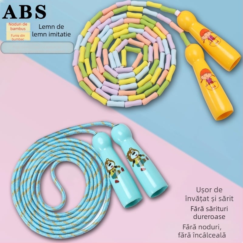 Coardă pentru sărituri de copii, din bumbac, cu mânere ABS, pentru competiții, vârsta 5–15 ani, origine China.