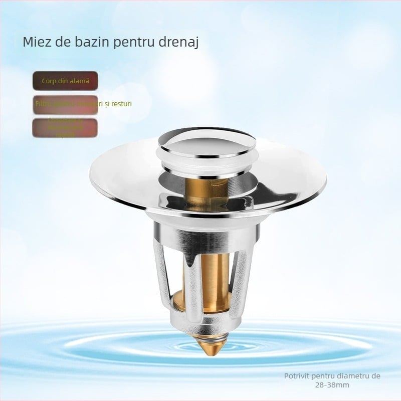 Dop de scurgere din cupru pentru chiuvetă, cu plăcuță rabatabilă, filtru și etanș anti miros – tip apăsat