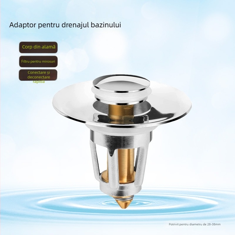 Dop de scurgere din cupru pentru chiuvetă, cu plăcuță rabatabilă, filtru și etanș anti miros – tip apăsat