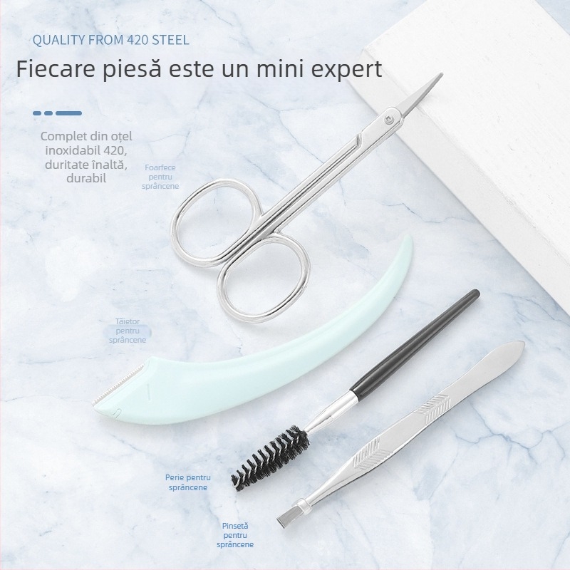 Set de îngrijire a sprâncenelor, 4 piese: lamă pentru sprâncene, foarfecă de machiaj, clips sprâncene — oțel inoxidabil și ABS