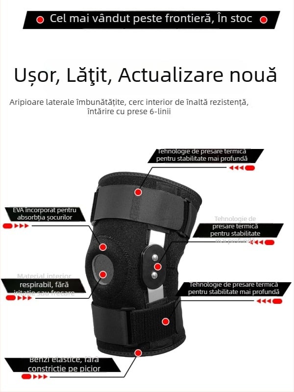 Genunchiere cu spațiu EVA circular pentru protecția patelarei, utilizare în drumeții, baschet și fotbal. Confecționare din SBR, țesătură, nailon și oțel.