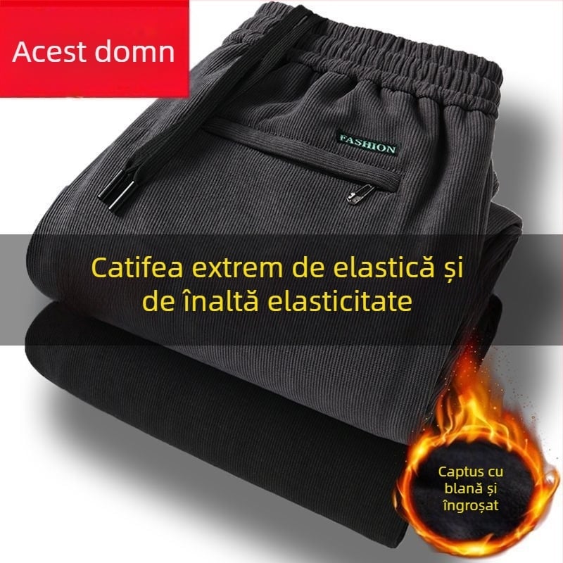 Pantaloni bărbați corduroy cu căptușeală fleece, croială dreptă, talie medie, pantaloni lungi, țesătură din poliester