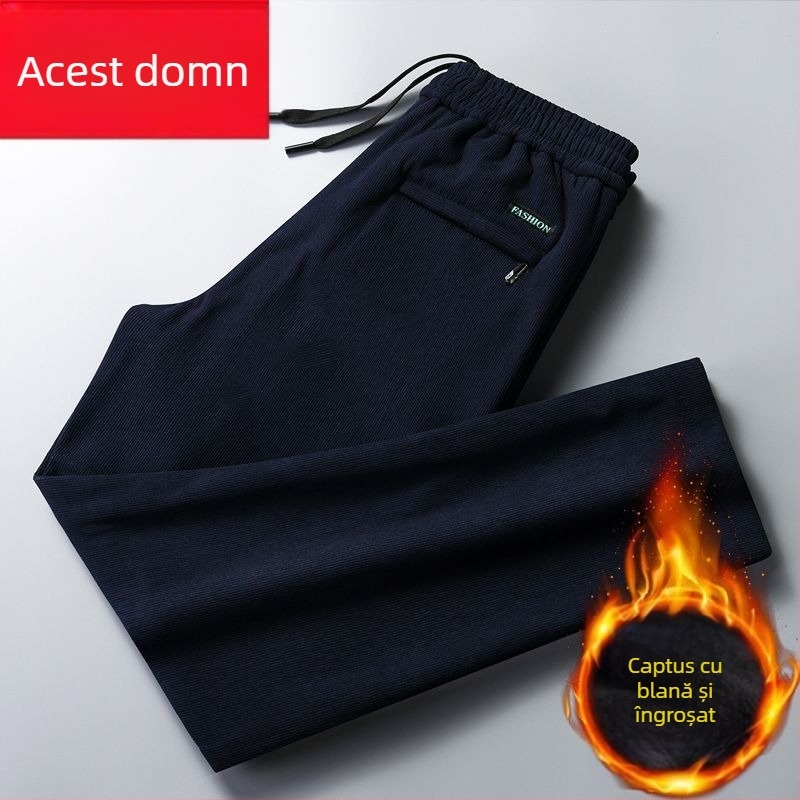 Pantaloni bărbați corduroy cu căptușeală fleece, croială dreptă, talie medie, pantaloni lungi, țesătură din poliester