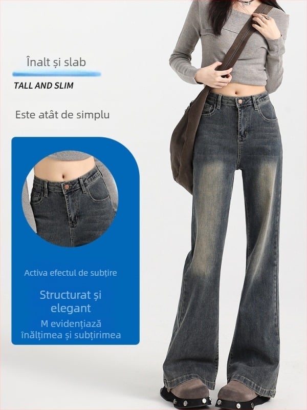 Jeansi femei cu căptușeală fleece, talie înaltă, ușor evazați, 70–80% bumbac, microelastic