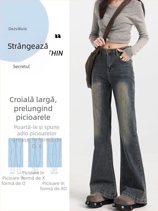 Jeansi femei cu căptușeală fleece, talie înaltă, ușor evazați, 70–80% bumbac, microelastic