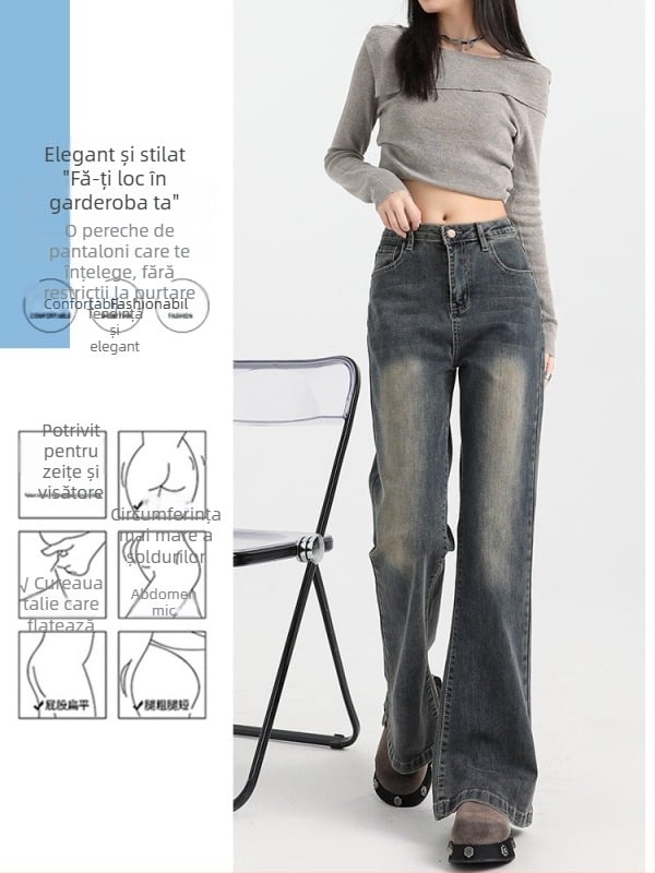 Jeansi femei cu căptușeală fleece, talie înaltă, ușor evazați, 70–80% bumbac, microelastic