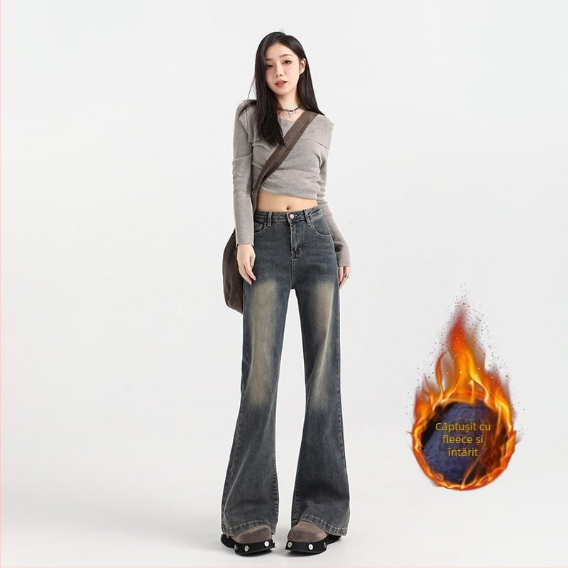Jeansi femei cu căptușeală fleece, talie înaltă, ușor evazați, 70–80% bumbac, microelastic