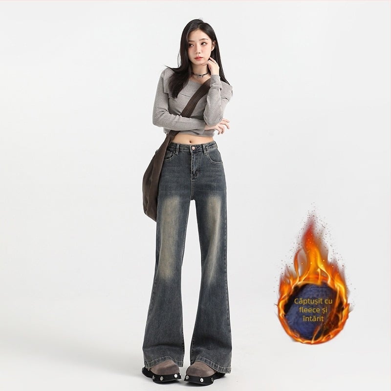 Jeansi femei cu căptușeală fleece, talie înaltă, ușor evazați, 70–80% bumbac, microelastic