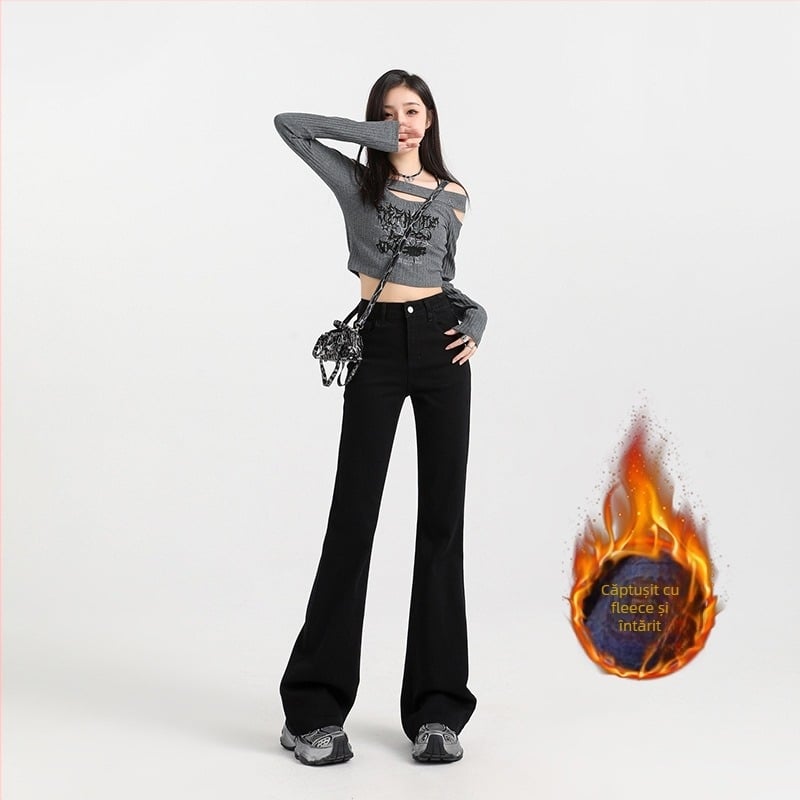 Jeansi femei cu căptușeală fleece, talie înaltă, ușor evazați, 70–80% bumbac, microelastic