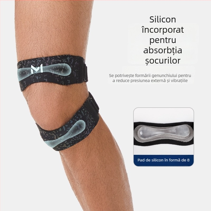 Genunchieră cu curea patelară, absorbție a șocurilor din silicon, presiune reglabilă, ușoară sub 100 g, potrivire universală