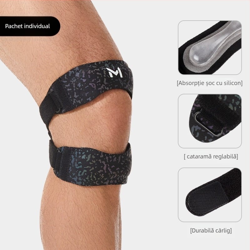 Genunchieră cu curea patelară, absorbție a șocurilor din silicon, presiune reglabilă, ușoară sub 100 g, potrivire universală