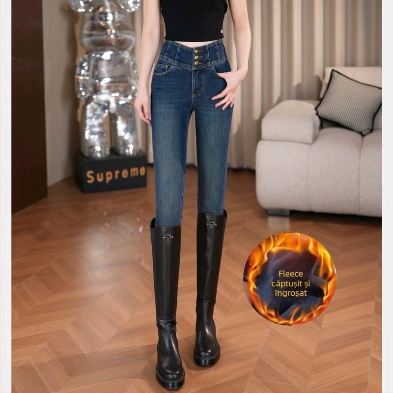 Jeansi din denim cu talie înaltă, căptuțiți cu fleece, elastici (95% bumbac, 5% elastan), groși pentru toamnă-iarnă