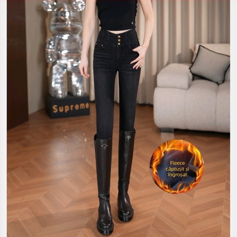 Jeansi din denim cu talie înaltă, căptuțiți cu fleece, elastici (95% bumbac, 5% elastan), groși pentru toamnă-iarnă