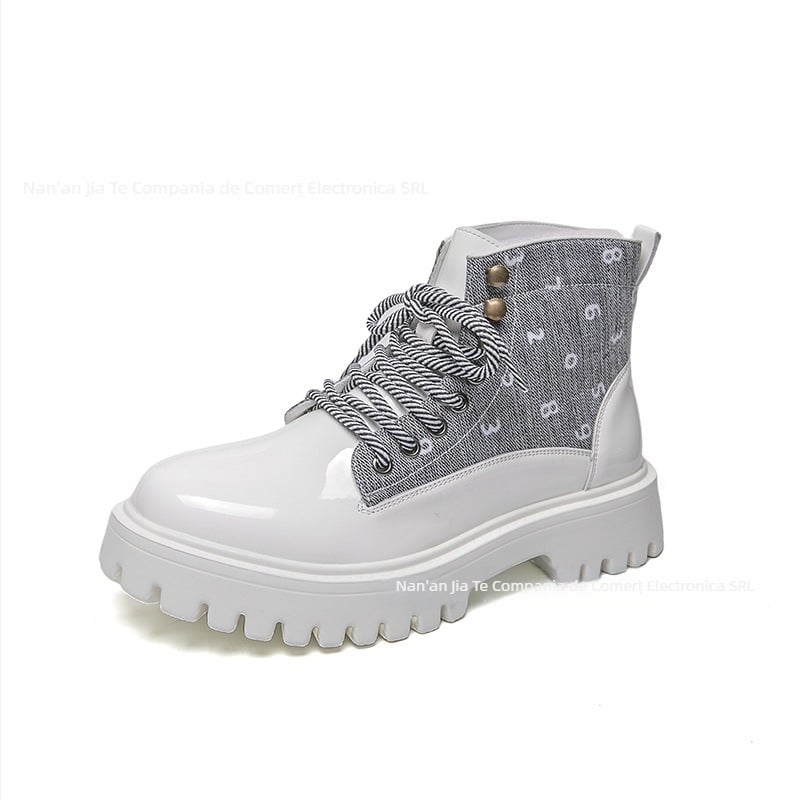 Cizme din piele cu talpă groasă pentru creșterea înălțimii, stil Martin, PU partea superioară, talpă din cauciuc, toc de 3-5 cm, toamnă