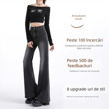 Jeansi de damă din denim, talie înaltă, croială Slim, micro-flare, cropped cu croi drept bootcut pentru siluete petite