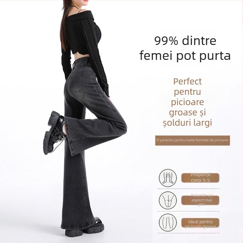 Jeansi de damă din denim, talie înaltă, croială Slim, micro-flare, cropped cu croi drept bootcut pentru siluete petite