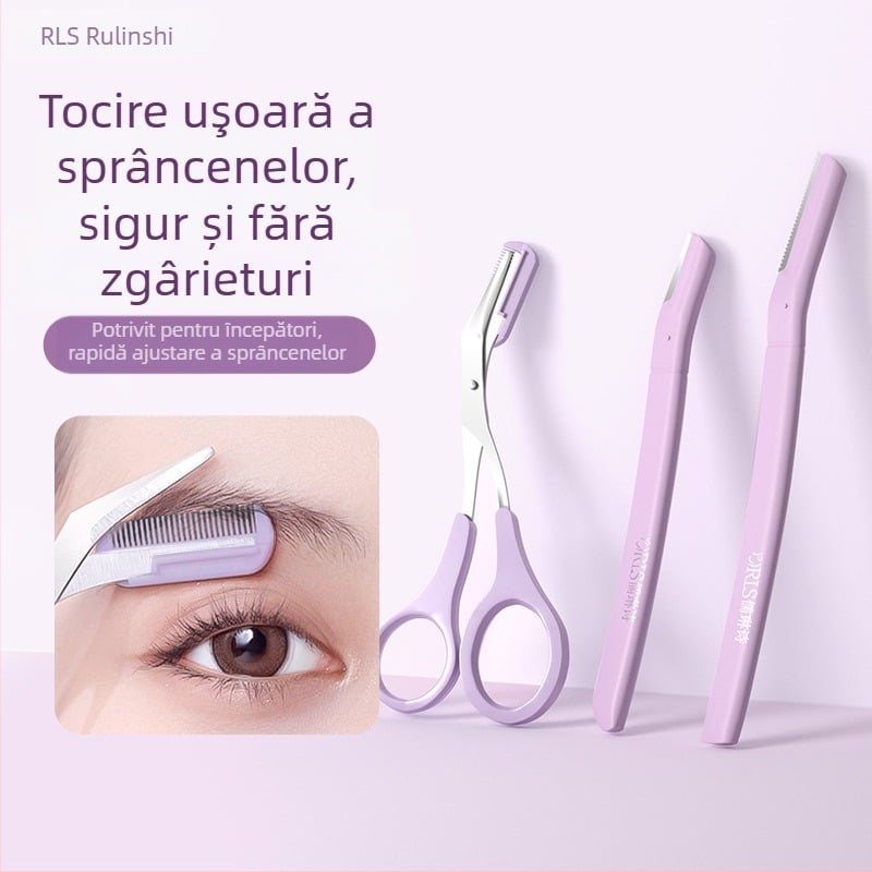 Set de cinci unelte pentru sprânene din oțel inox: lamă pentru sprânene, foarfecă pentru sprânene, clips pentru sprânene