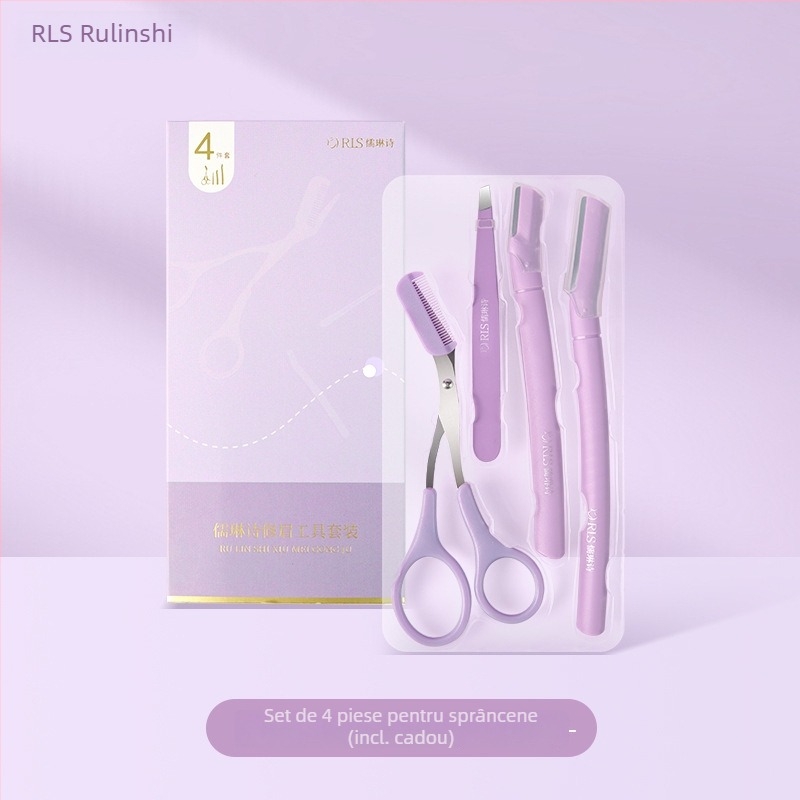 Set de cinci unelte pentru sprânene din oțel inox: lamă pentru sprânene, foarfecă pentru sprânene, clips pentru sprânene