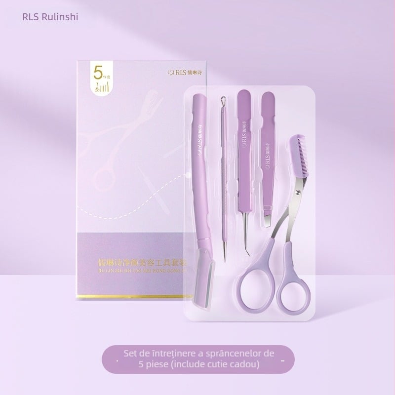 Set de cinci unelte pentru sprânene din oțel inox: lamă pentru sprânene, foarfecă pentru sprânene, clips pentru sprânene