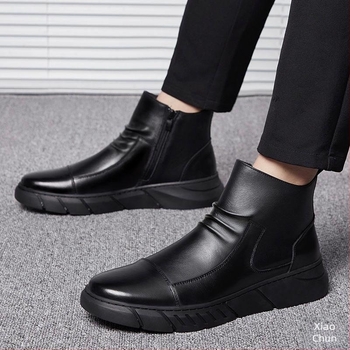 Cizme Martin pentru bărbați din piele, guler jos, căptușire fleece, talpă din cauciuc, închidere Velcro