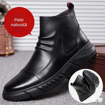 Cizme Martin pentru bărbați din piele, guler jos, căptușire fleece, talpă din cauciuc, închidere Velcro