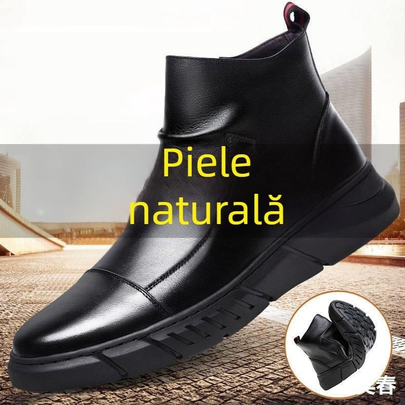 Cizme Martin pentru bărbați din piele, guler jos, căptușire fleece, talpă din cauciuc, închidere Velcro