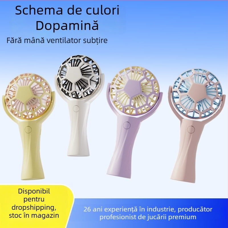 Ventilator de mână portabil - Motor brushless, Baterie încorporată 500–800 mAh, 3 trepte de viteză, autonomie 3–6 h