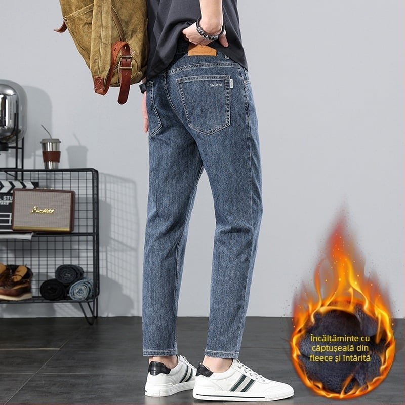 Blugi bărbați cropped Slim-Fit, croi drept, din denim din bumbac, talie medie