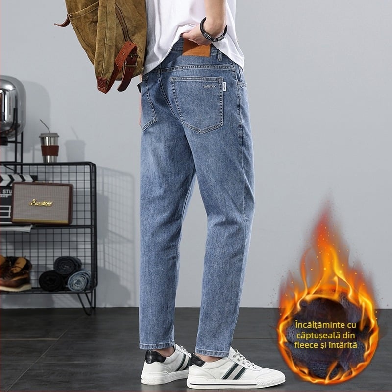 Blugi bărbați cropped Slim-Fit, croi drept, din denim din bumbac, talie medie
