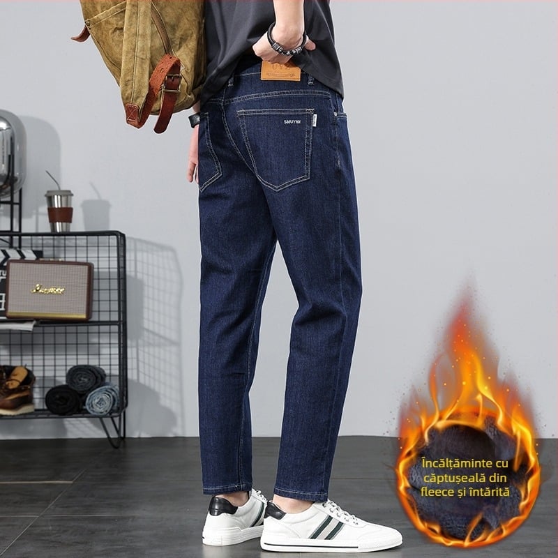 Blugi bărbați cropped Slim-Fit, croi drept, din denim din bumbac, talie medie