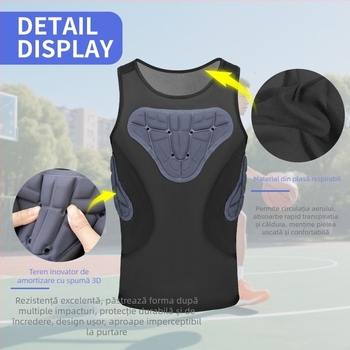 Vestă protectoare combinată pentru sporturi, cu umplutură din burete, pentru adulți; protecție a taliei; potrivită pentru fotbal, baschet, rugby, baseball și schi