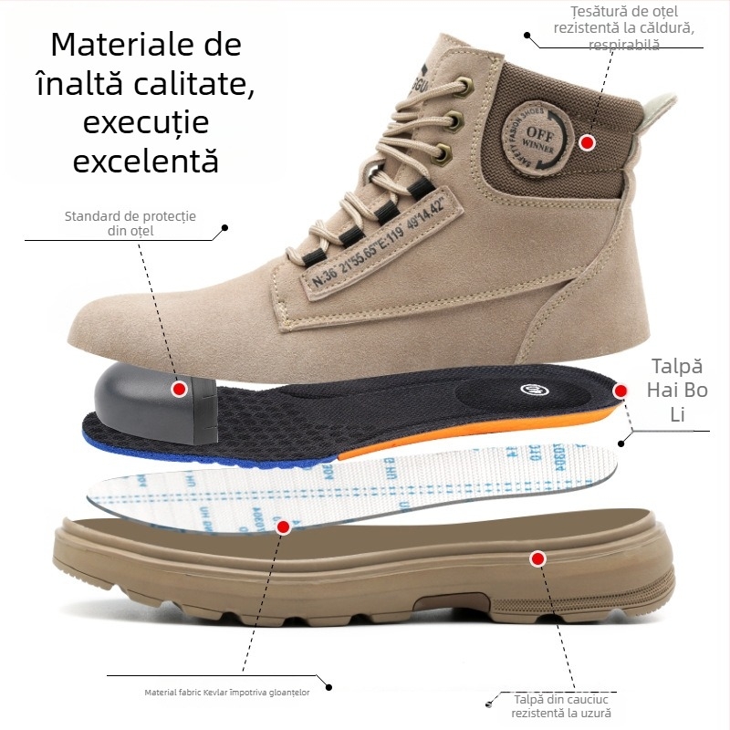 Ghete de protecție din piele suede, înalte, cu protecție antișoc, anti-perforație, izolație și talpă antiderapantă