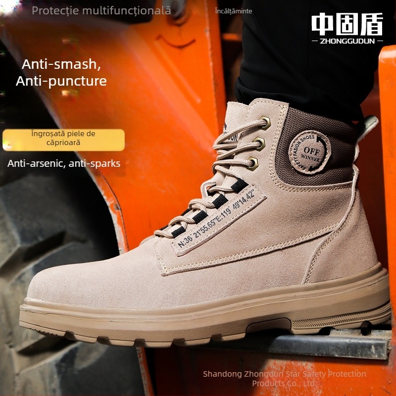 Ghete de protecție din piele suede, înalte, cu protecție antișoc, anti-perforație, izolație și talpă antiderapantă