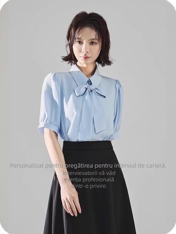 Cămașă din chiffon pentru femei, mâneci scurte, guler de cămașă, închidere pe un rând, funda detașabilă