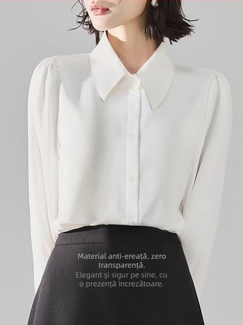 Cămașă din chiffon pentru femei, mâneci scurte, guler de cămașă, închidere pe un rând, funda detașabilă