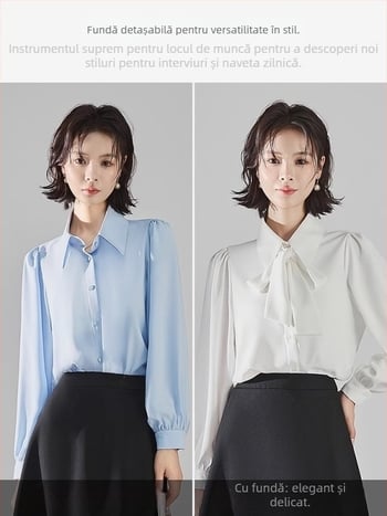 Cămașă din chiffon pentru femei, mâneci scurte, guler de cămașă, închidere pe un rând, funda detașabilă