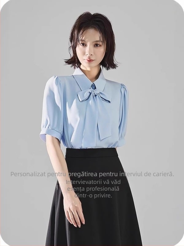 Cămașă din chiffon pentru femei, mâneci scurte, guler de cămașă, închidere pe un rând, funda detașabilă