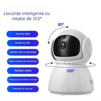 IP cameră pentru supraveghere în casă, cu vizualizare 360°, sunet bidirecțional, Wi‑Fi/4G, utilizare în interior, iluminare minimă 0.01 lux