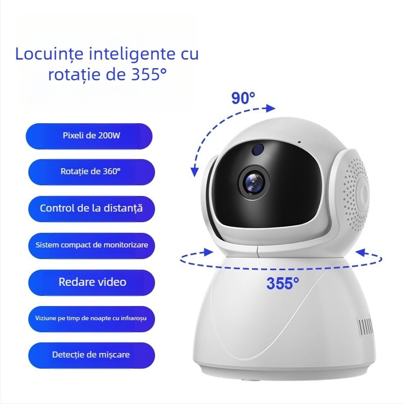 IP cameră pentru supraveghere în casă, cu vizualizare 360°, sunet bidirecțional, Wi‑Fi/4G, utilizare în interior, iluminare minimă 0.01 lux