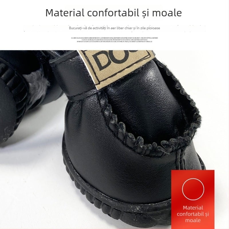 Pantofi pentru câini din piele sintetică, cu căptușeală din fleece, impermeabili, antiderapți, rezistenți la uzură, set de patru bucăți