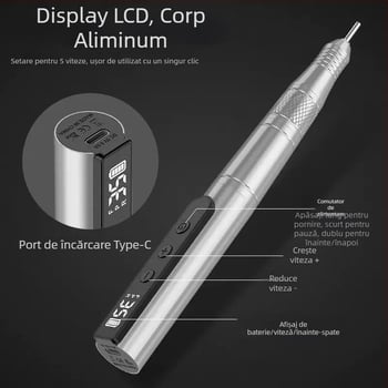 Freza de unghii de tip stilou, fără fir, cu afișaj USB, polisare portabilă pentru unghii, corp metalic